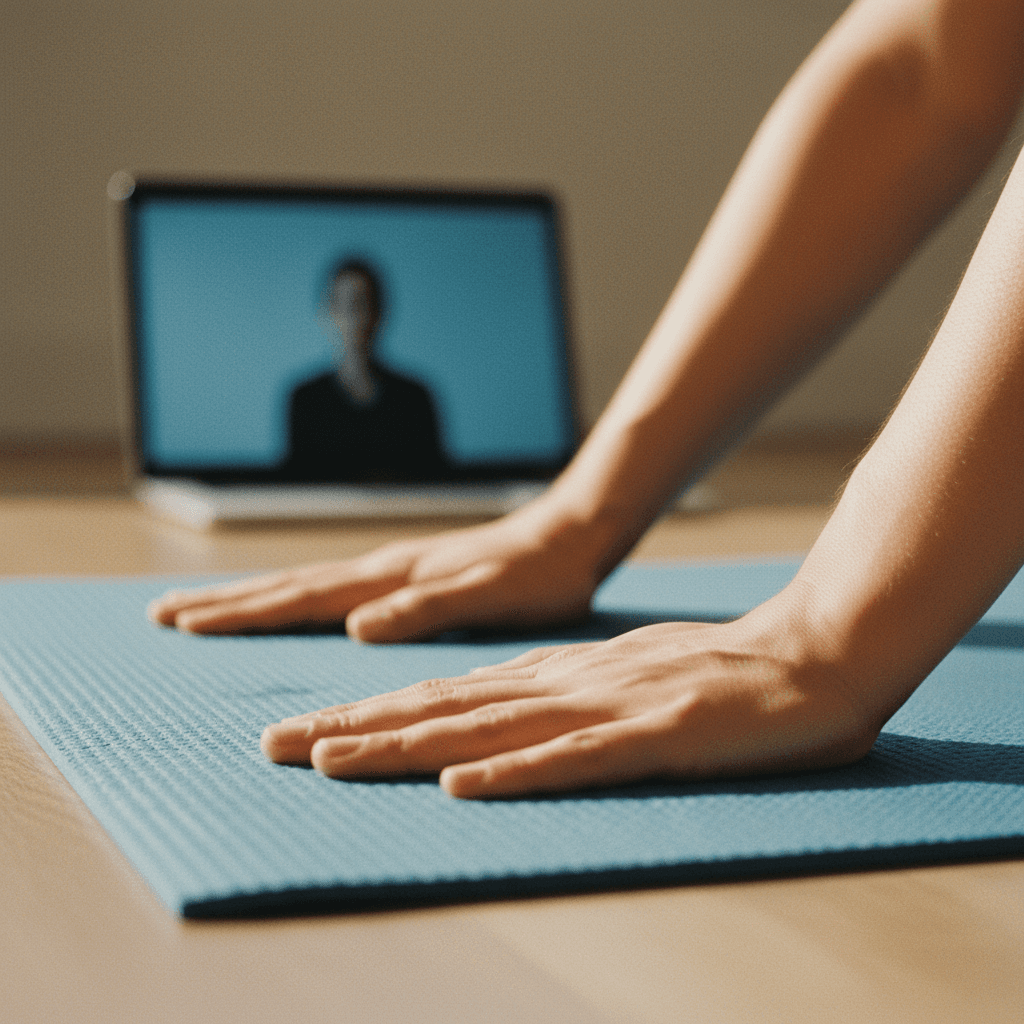 Close-up of student's hands on a yoga mat during a pose
