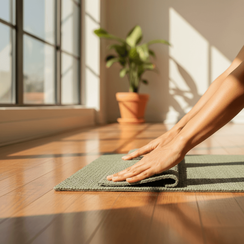 Yoga teacher's hands adjusting a mat on a hardwood floor