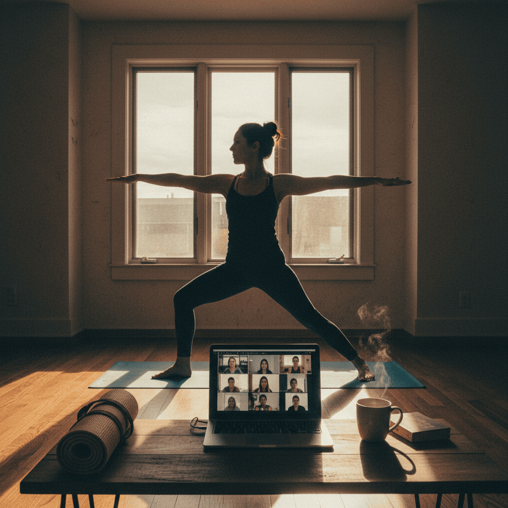 Yoga teacher demonstrating a pose during a live virtual class