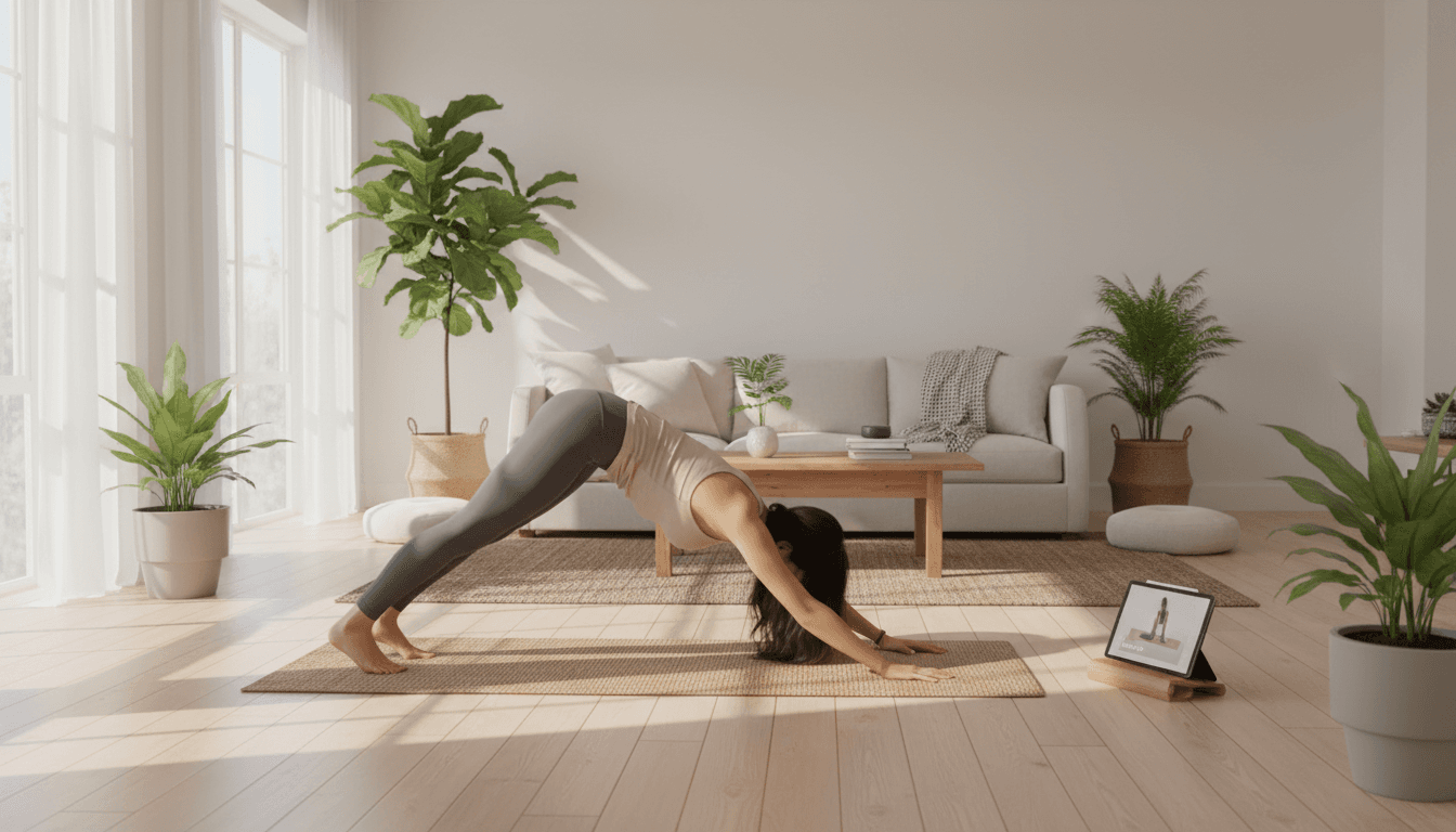 Person doing yoga in a living room following a video class
