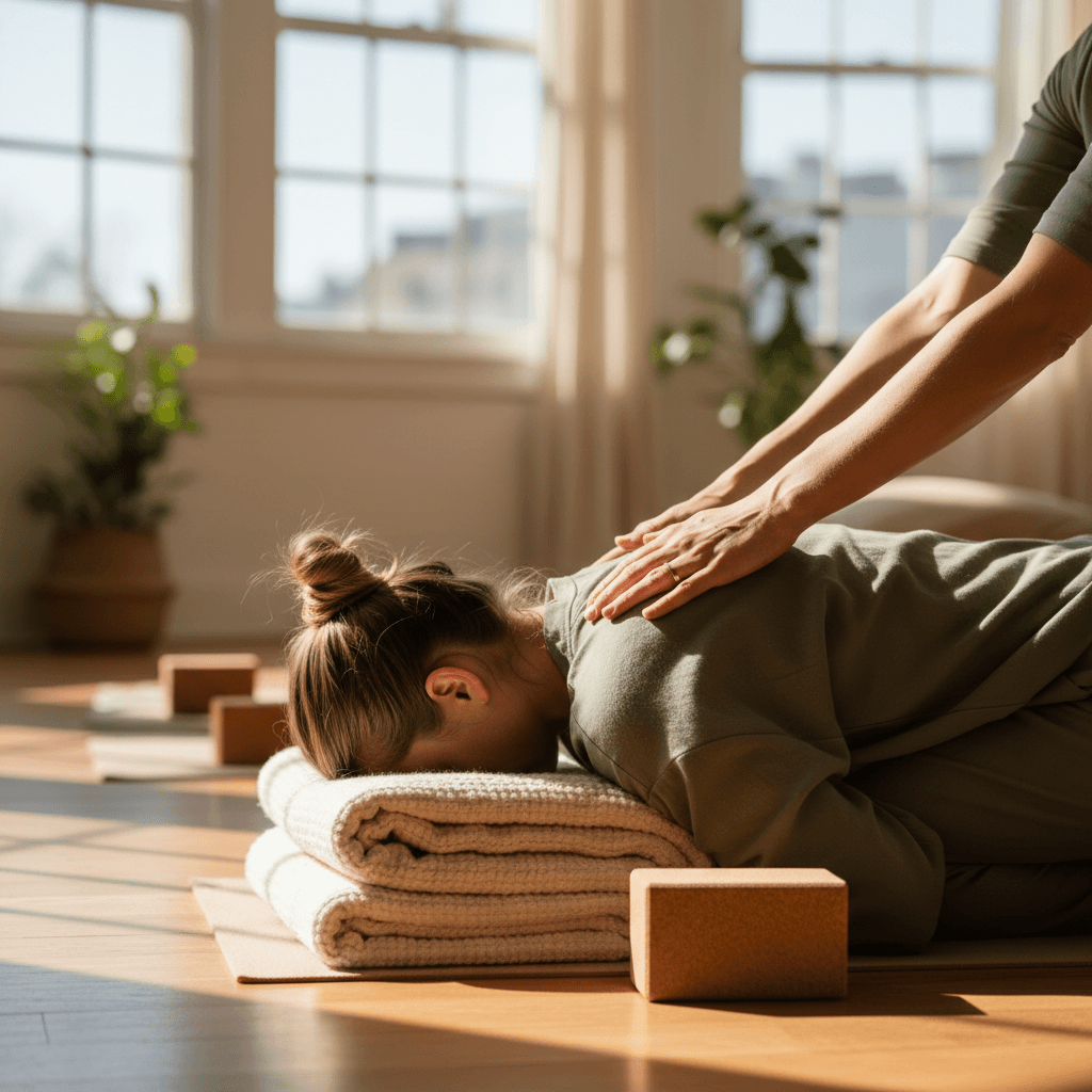 Yoga teacher setting up a mat in a bright studio