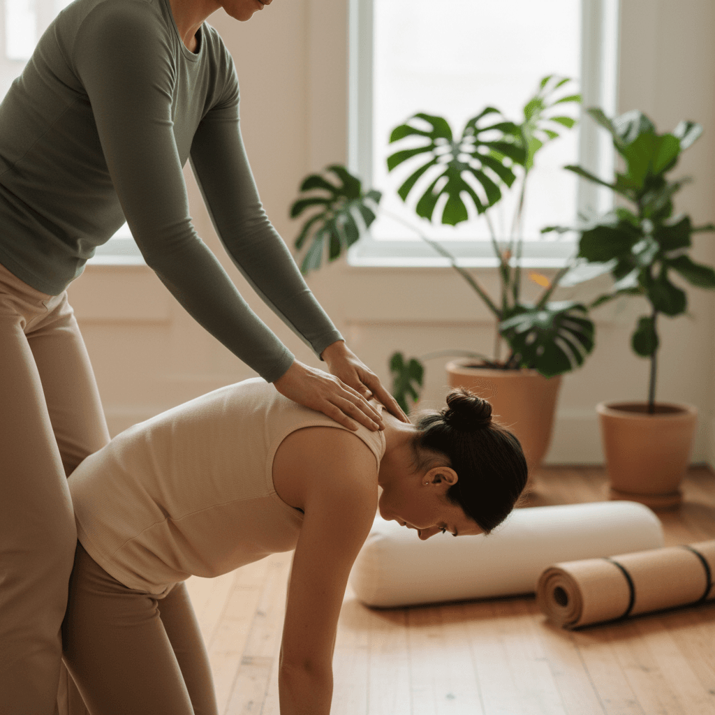 Tablet showing a paused yoga class on the floor